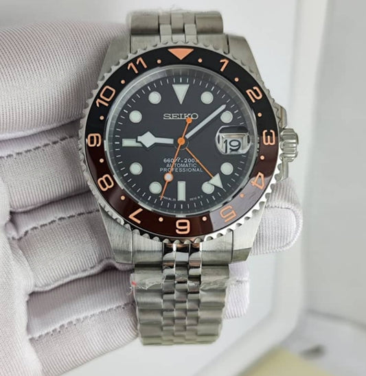 Seiko Mod GMT Master NH34 Or Rose (Aiguille Orange)